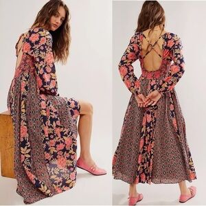 FREE PEOPLE FP A New Way Maxi Dress Navy Pink Combo Size S Floral Long Sleeve